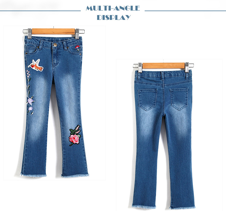 Embroidery Kids Jeans Pant Light Blue , Children Girls Denim Pants Breathable