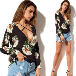China Women Low Neck Floral Chiffon Long Sleeve Top wholesale