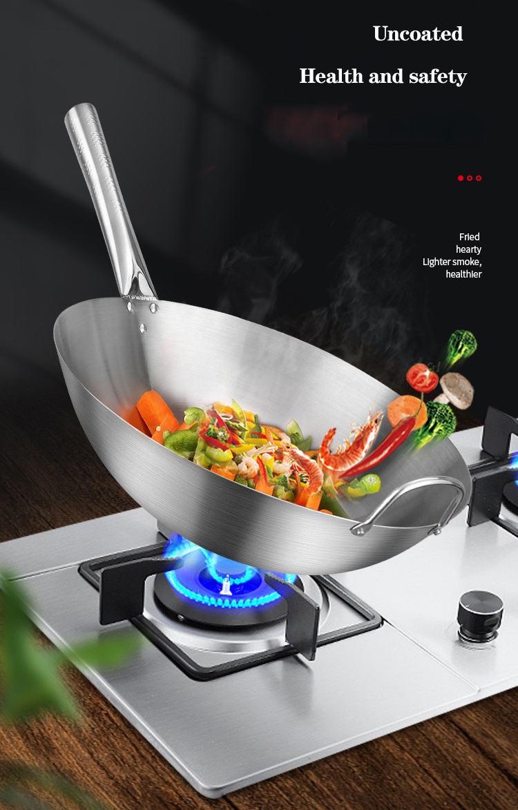 Thickened Stainless Steel Non Stick Chinese Wok Double Ear Non Coating Round Bottom