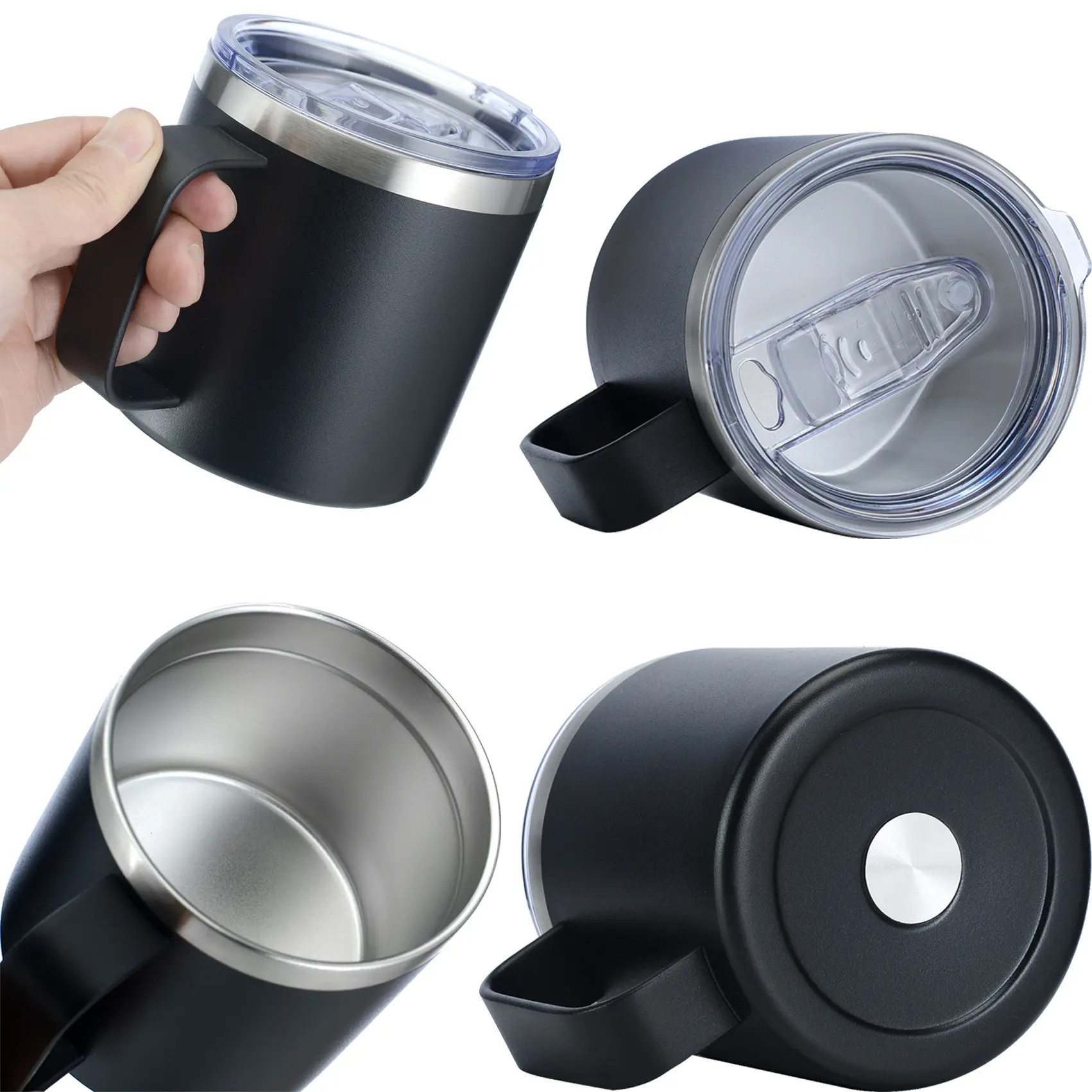 Custom Logo Printed Stainless Steel Cup 12oz Double Wall Tumbler Coffee Travel Mug With Lid And Handle