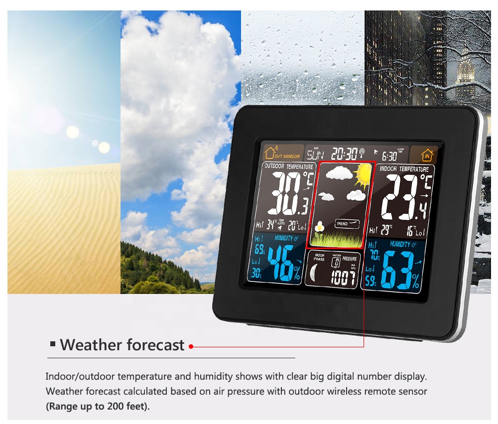 Wireless Sensor Indoor Outdoor Thermometer Hygrometer With Alarm Clock And Barometer