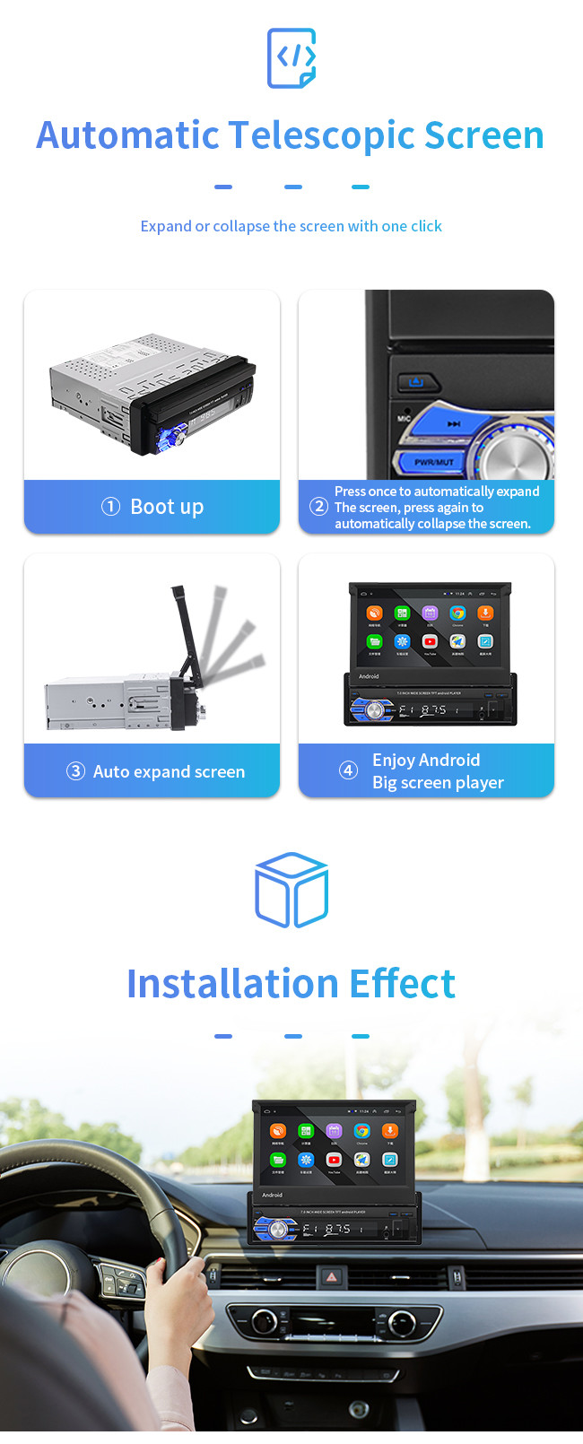 GPS Car Mount Tablet Android 1 DIN Auto Retractable Screen Car Player Bluetooth