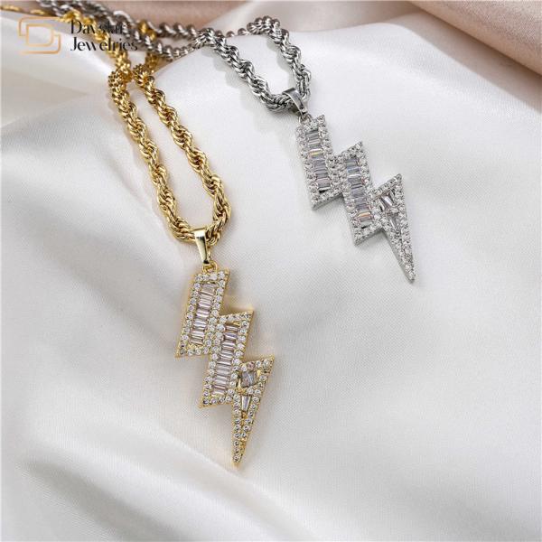 Diamond Zircon Lightning Bolt Necklace , Twist Stainless Steel Necklace Hip Hop