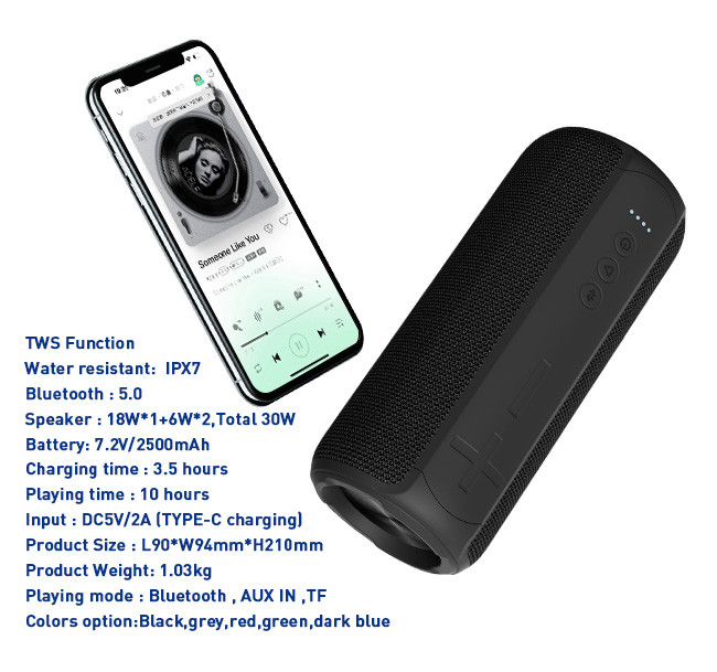 20Hz-20KHz Frequency Response Wireless Fabric Speaker 7.2V 2500mAh Battery Capacity