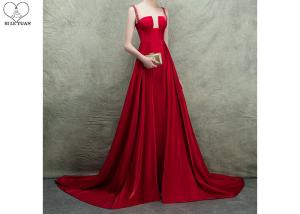 China Backless Red Ball Gown Prom Dress Stretch Satin Bust Cut Out Shoulder High Slit wholesale