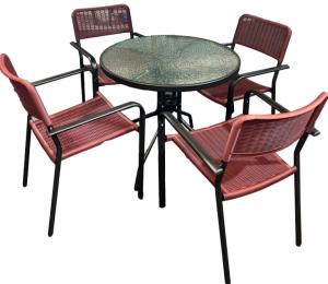 China Steel K / D Glass Round Table And Plastic Wicker Chairs Dining Set 5 wholesale
