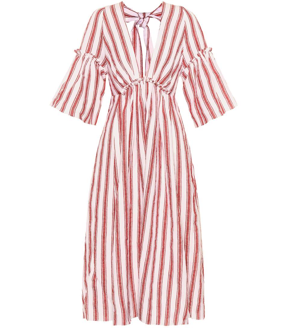 Women deep v neck stripe linen dress and unbacked