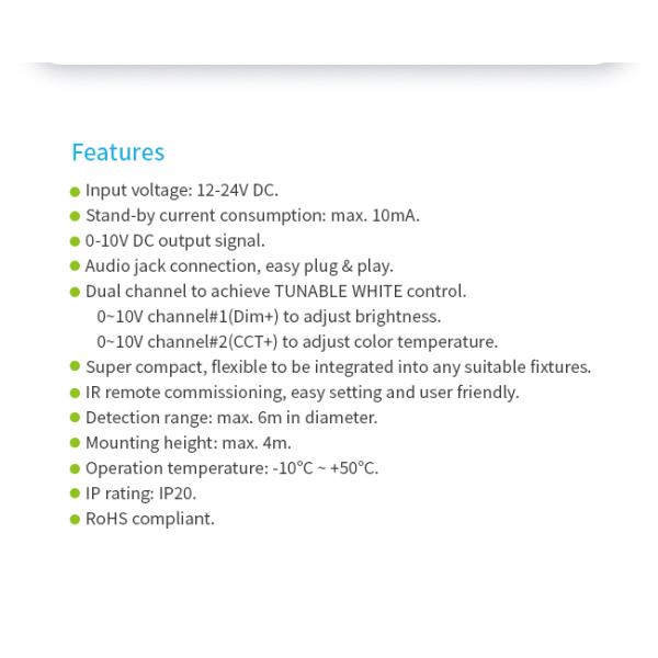Audio-jack connection PIR motion sensor HNS134PIRCCT, with tri-level dimming & Tunable White Control, easy plug & play