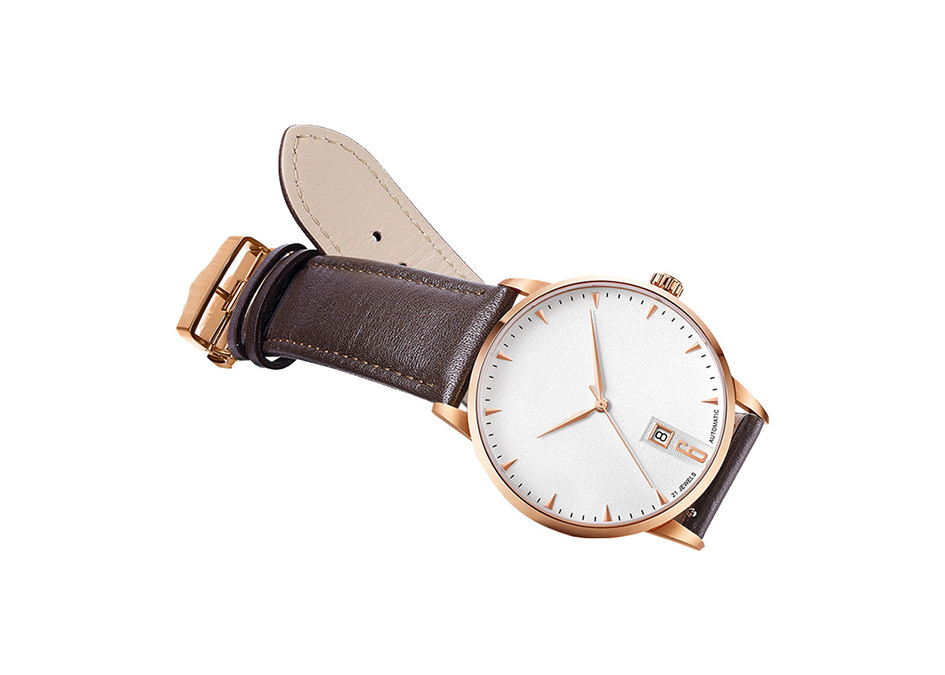 Stainless Steel Thinnest Automatic Watches Genuine Leather Strap SS Back Cover