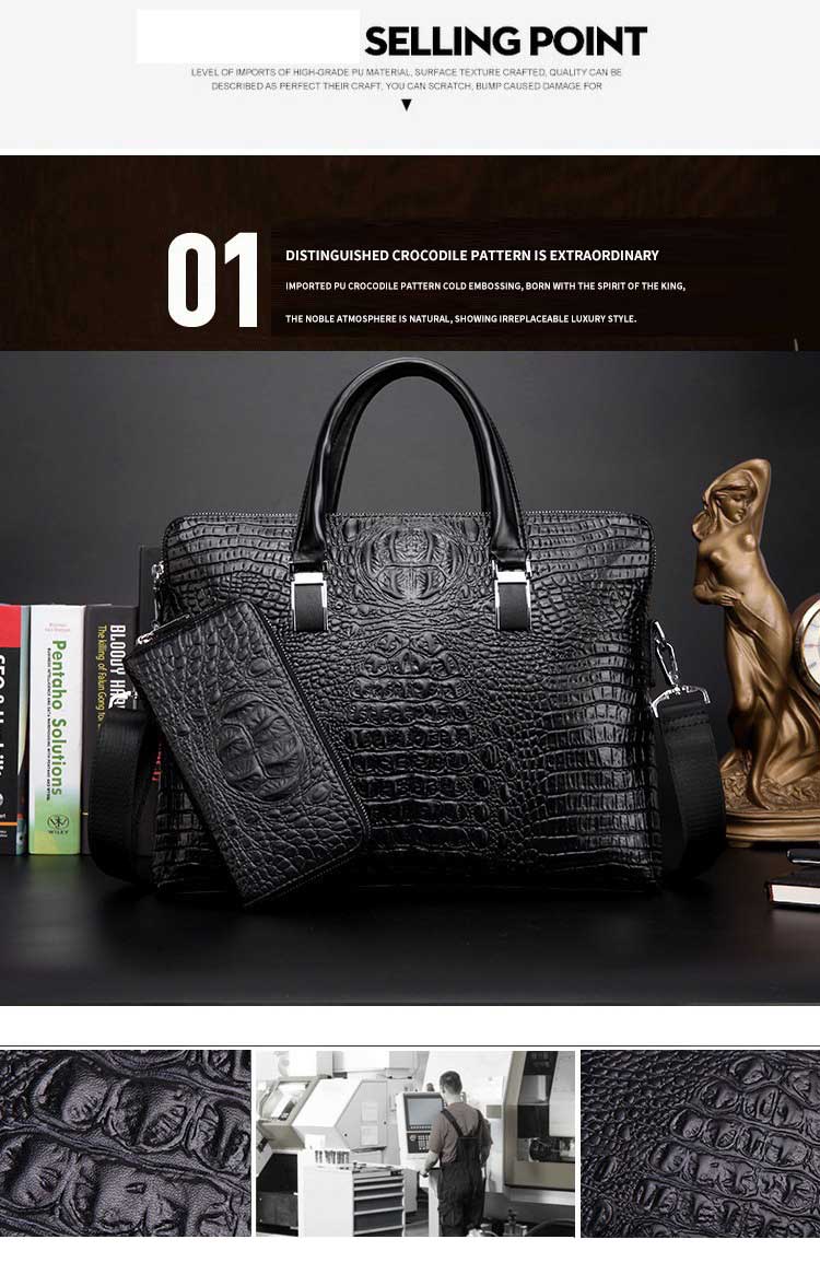 End Crocodile Embossed Genuine Leather Business Handbags Briefcase Laptop Bag for Men