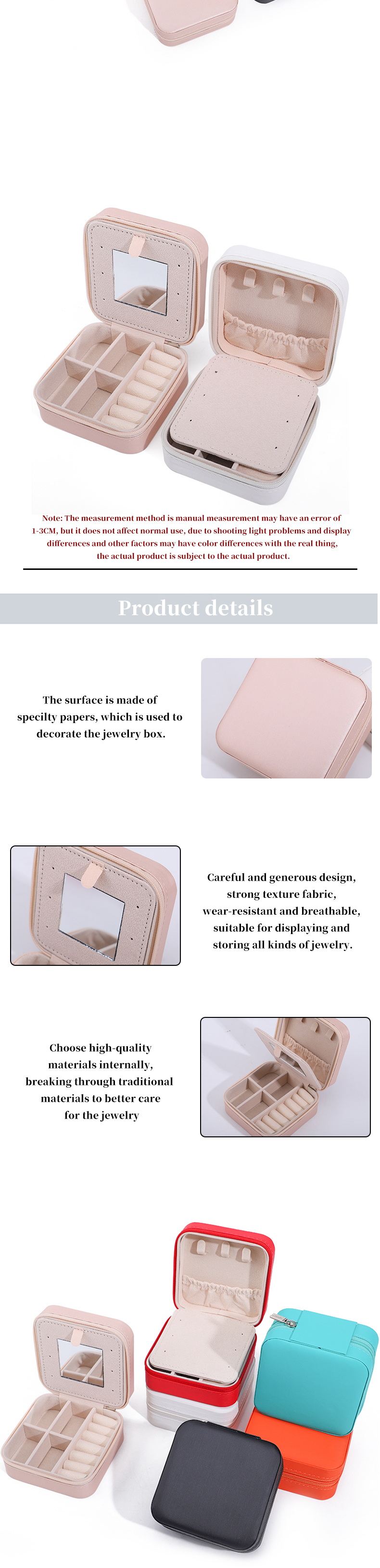 Custom Logo Travel Portable Square Storage Jewelry Box with Mirror in PU Leather
