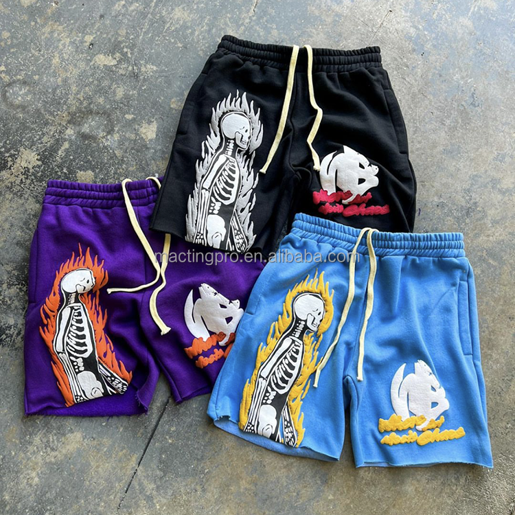 Knitted Weaving Method Vintage Acid Wash Faded Puff Print Shorts for Men in Mid Waist