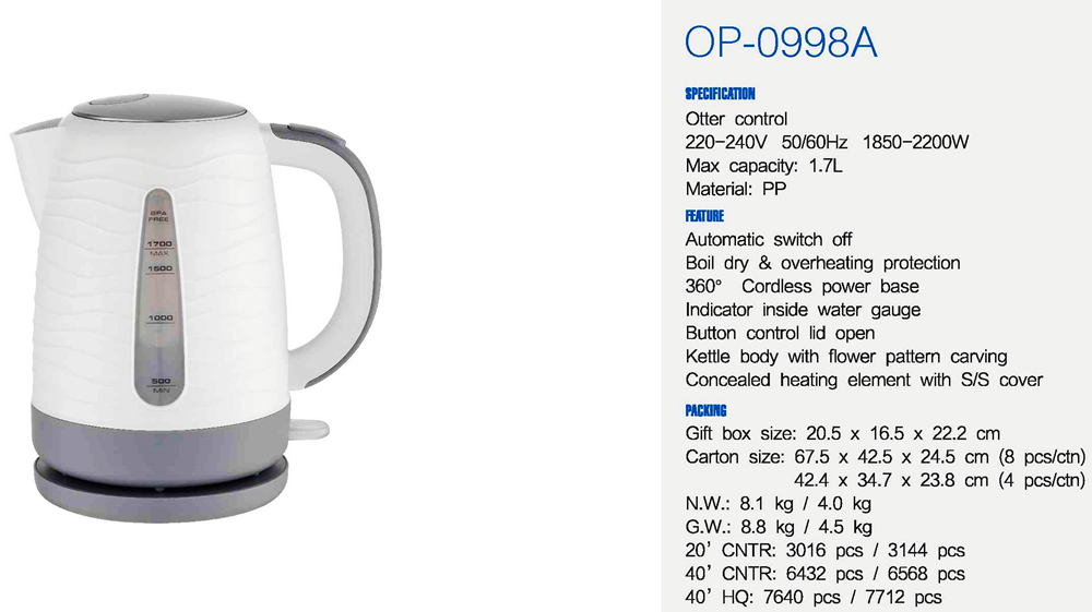 Auto Shut-off Electric Water Kettle with Fast Heating Speed and Electric Power Source