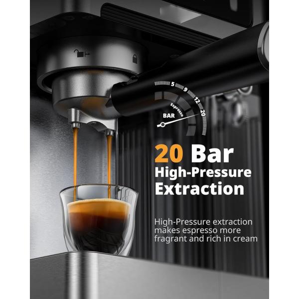 Abbolife Powerful 20Bar Electric Espresso Cappuccino Latte Coffee Maker Stainless Steel Manual for Hotel & Household Use