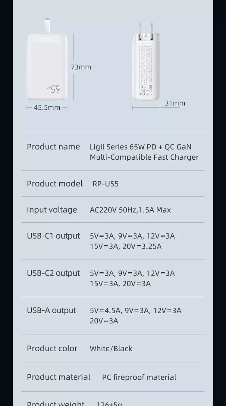 65W GaN 3 Ports USB Type-c Travel Adapter for High Speed Charging of Multiple Devices