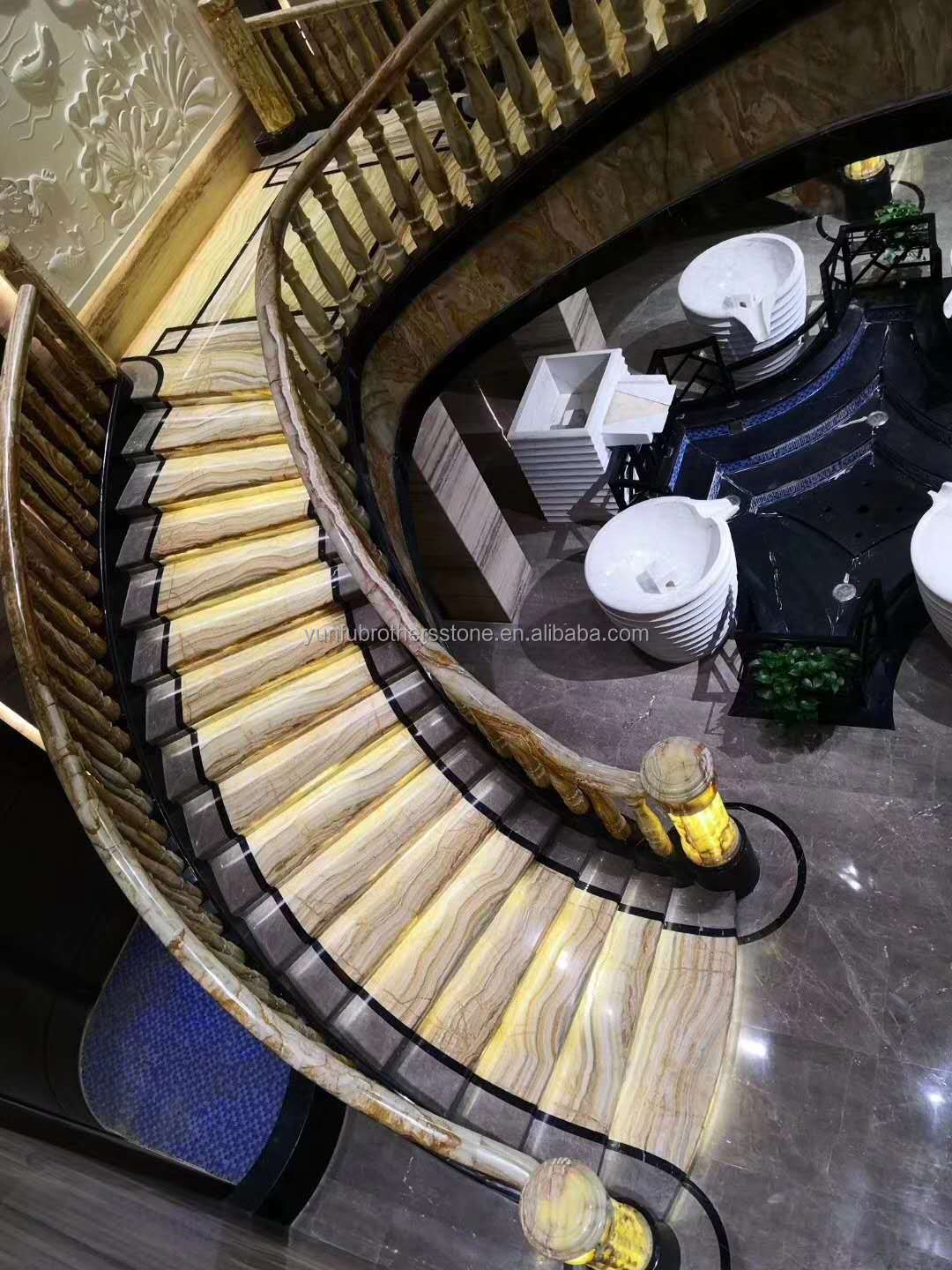 Natural Stone Staircase Design with Emerald Green Light Green Onyx Backlit Interior Stone