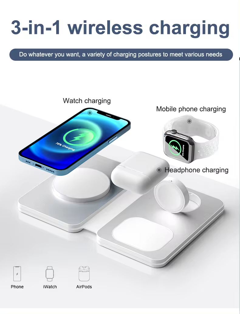 3 in 1 Wireless Charger Pad Magnetic Foldable Charging Station with 5W/3W/15W max Output