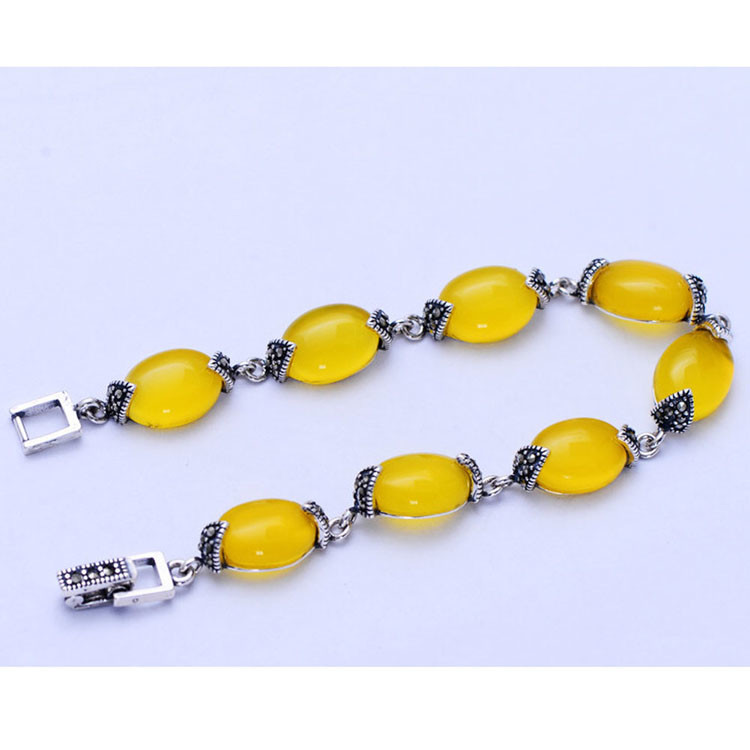 Thai 925 Vintage Sterling Silver Yellow Cubic Zircoina Tennis Bracelet (055728)