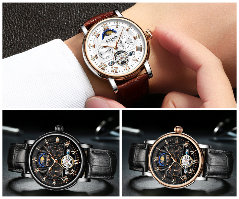 Luxury Brand KINYUED Watches Tourbillon Automatic Movement With Moon Phase Mens Automatic Mechanical Watch