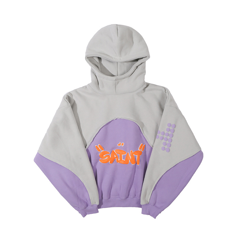Puff Print Men'S Two Tone Hoodie High Weight Warm Fleece Pullover Hoodie Drop Shoulder