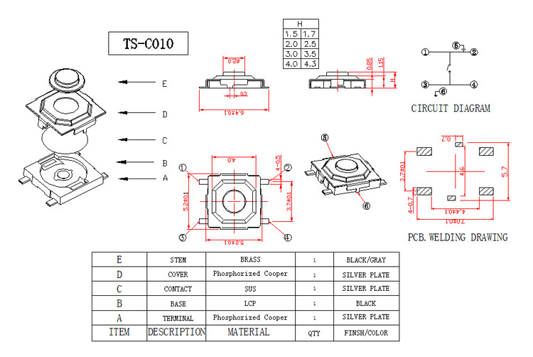 Brass Button Low Profile Momentary Switch , 12v Push Button Switch PA66 Material
