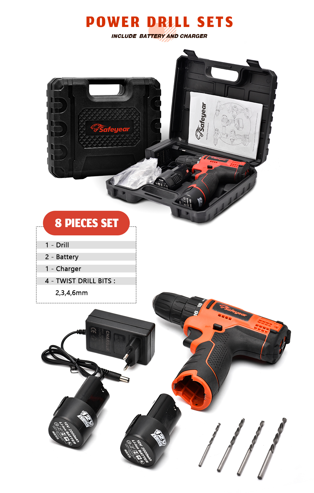 Double Battery Power Screw Drivers 12V Cordless Electric Power Drill 25N.M 18+1