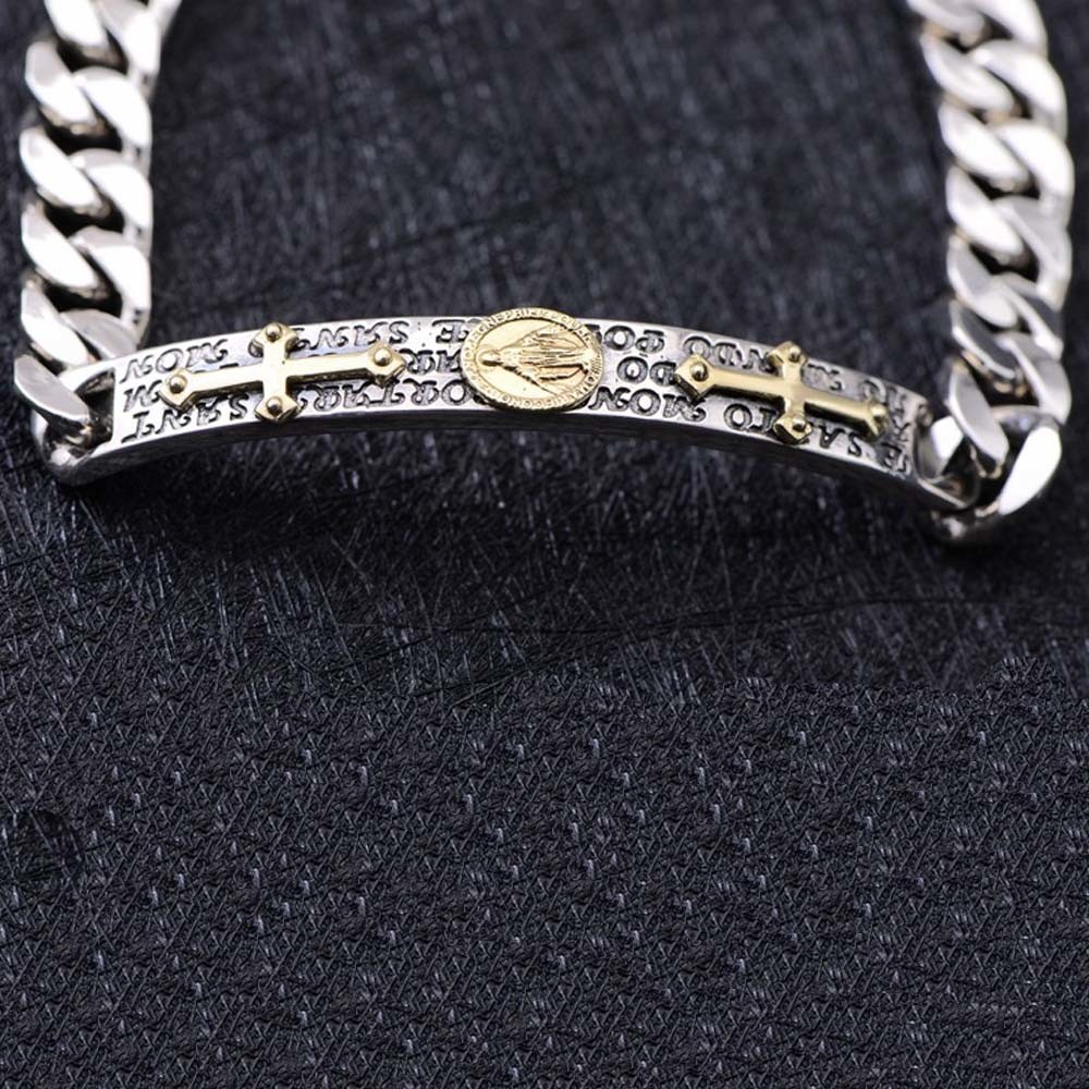 925 Sterling Silver Chunky Curb Chain Link Cross Charm ID Bracelet (XH058592)