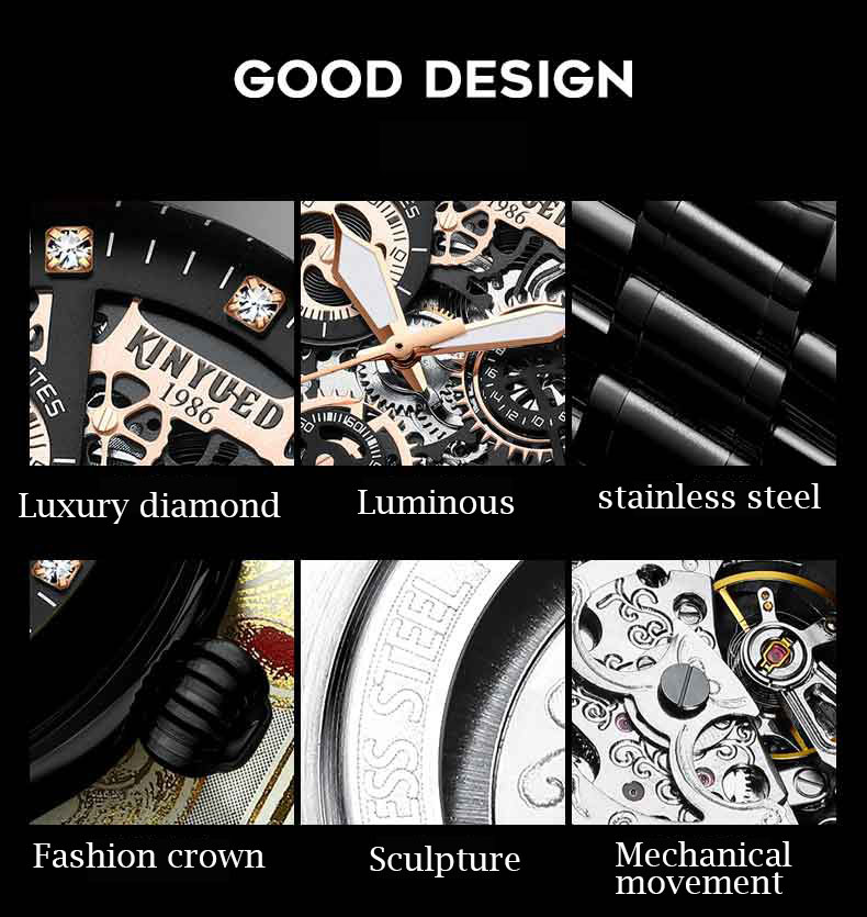 KINYUED oem waterproof custom logo leather fashion tourbillon skeleton wrist watch luxury automatic watches mens watch