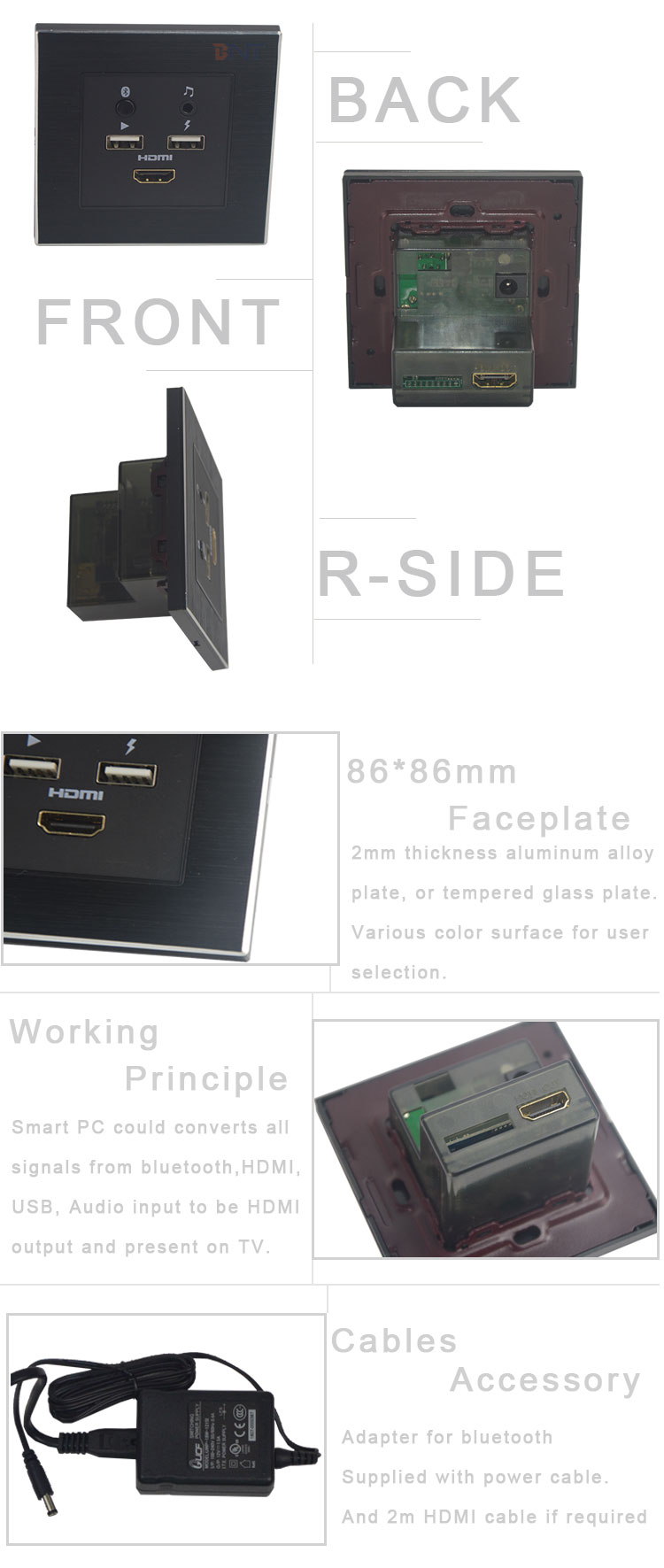Aluminum panel wall mounted smart multimedia media hub for hotel