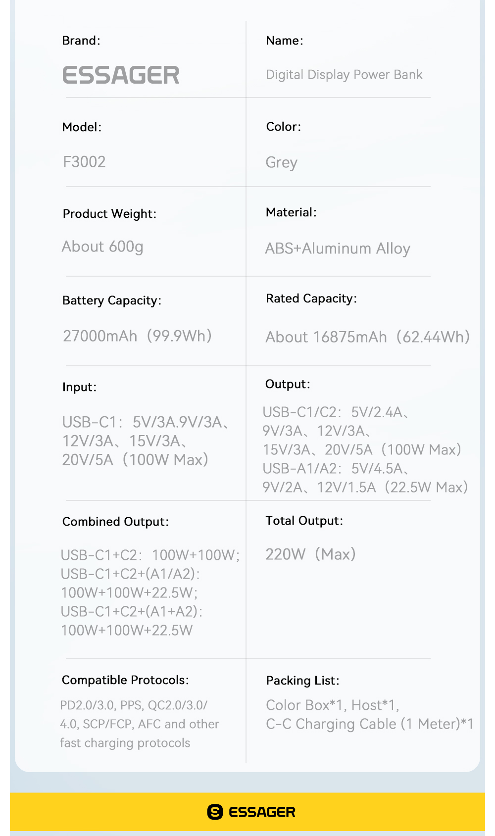 ESSAGER F3002 Series Large Capacity Power Bank 27000mah For Phone