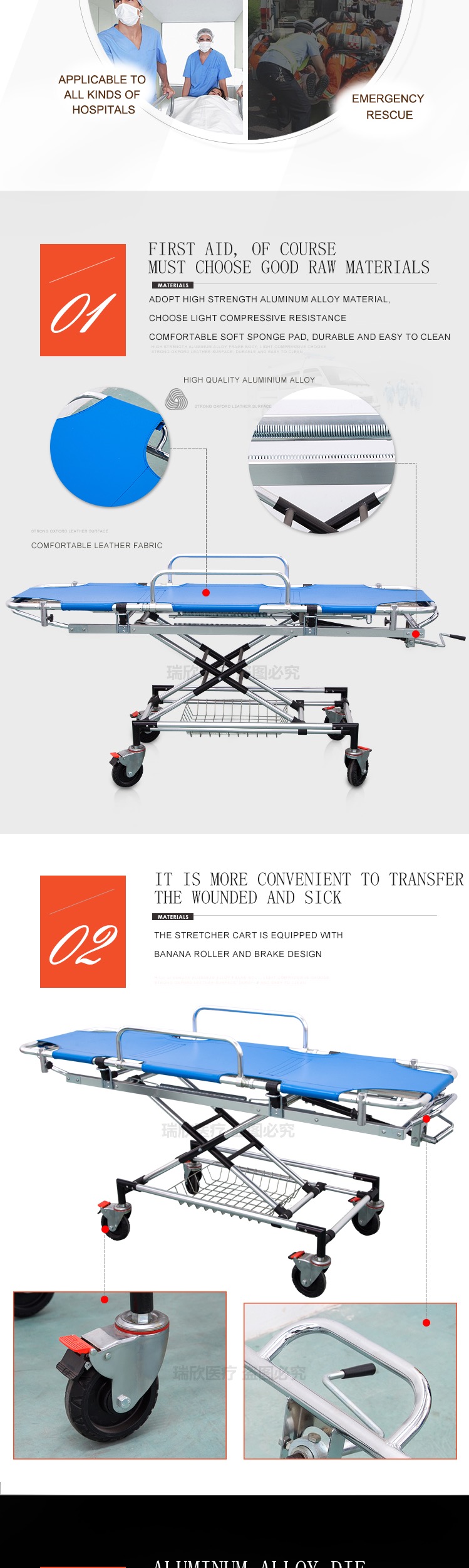 Aluminum Alloy Emergency Hospital Bed Blue Emergency Stretcher Bed