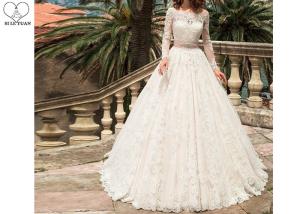 China White Lace Elegant Long Sleeve Wedding Dresses Beaded Belt Floor Length wholesale