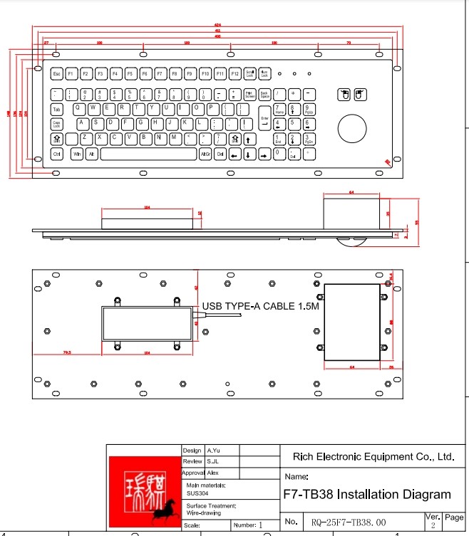 Waterproof Dustproof Industrial PC Keyboard IP65 / IK07 With Trackball Violence Resist