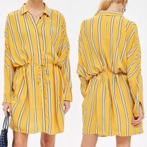 China Yellow Stripe Drawstring Ladies Casual Shirt Dress Long Sleeve for Women wholesale