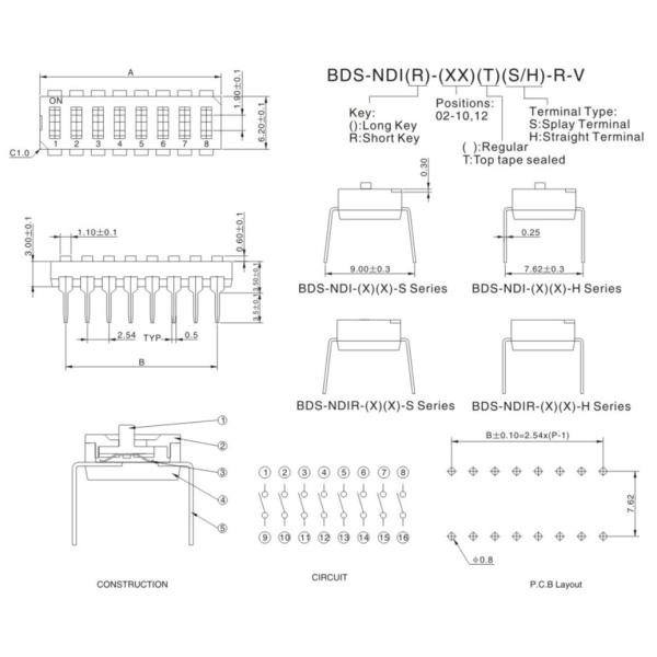 8 Position Dual Inline Package DIP Switch Black Tin Plated 100mA