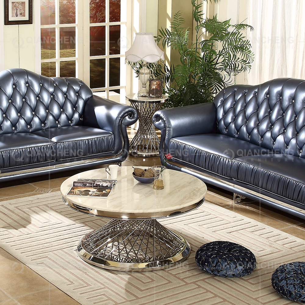 Living Room Round SS Steel Furniture Dining Table With Marble Top