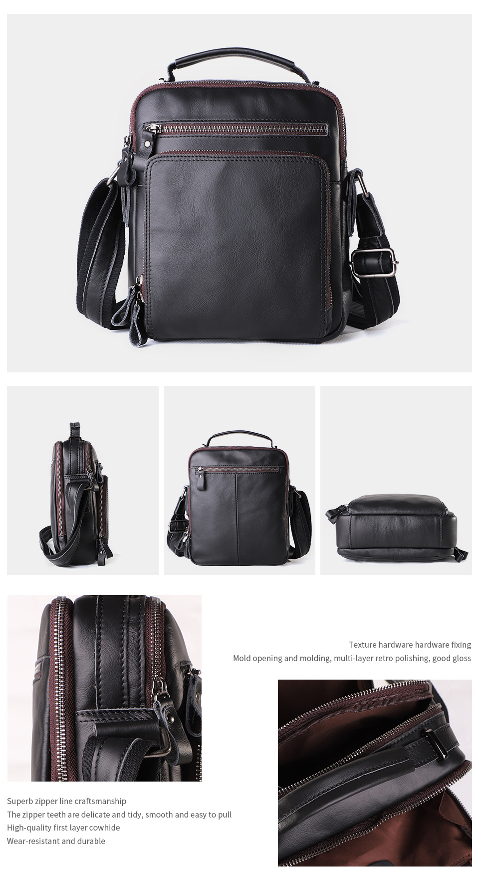 9.7 Inch Genuine Leather Men's Shoulder Messenger Bag with Multiple Pockets and No Decoration