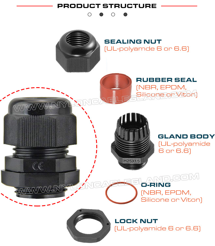 Electrical Cable Gland, Nylon 6, 20mm Metric Thread, M20x1.5, IP68/IP69K, UL94 V-2, para Cable Ø 6-12mm