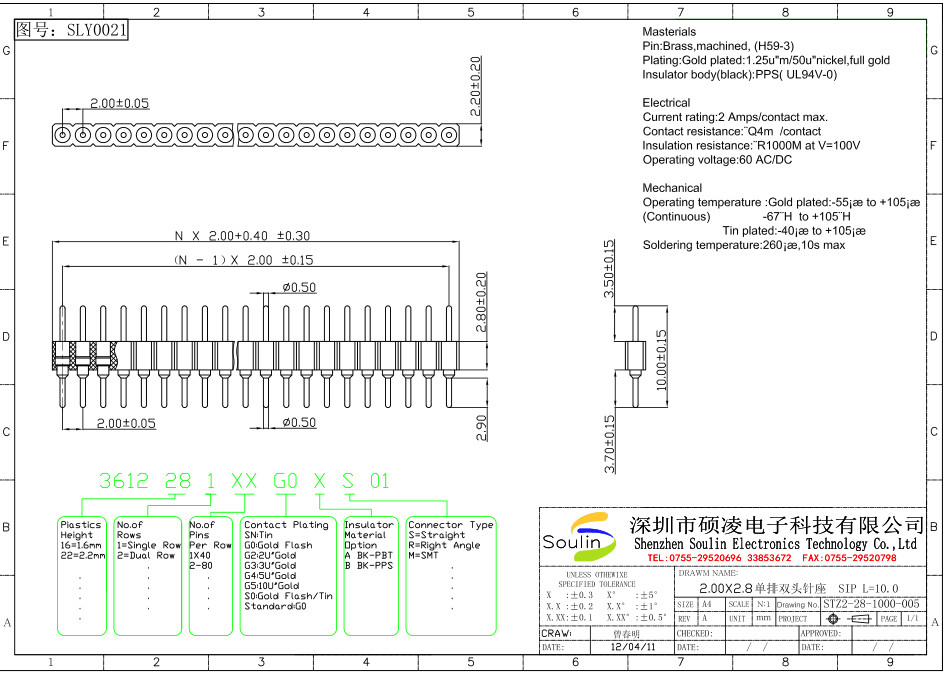 2.0mm Pitch Round Pin Header Connector Single Row Smt Straight