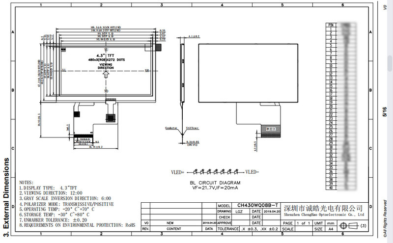 RGB Interface 4.3 Inch TFT Display 480x272 40 Pin Full Color Display With TP