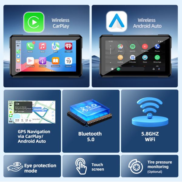 Magnetic detachable model CarPlay portable motorcycle navigation screen 5 Inch IPS Touch Screen Motorcycle CarPLay Navigation Display Waterproof IP67