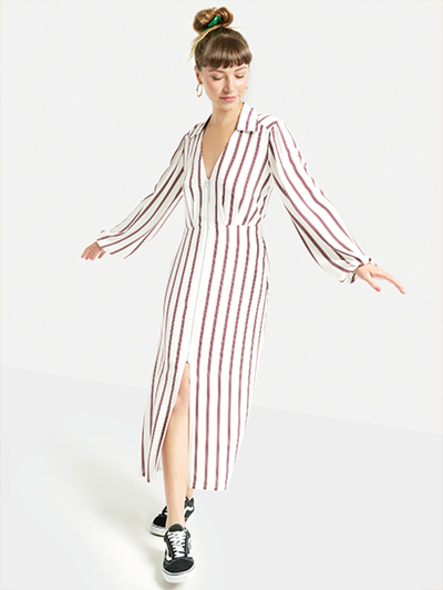 2018 New Arrival Fall Long Sleeve White and Red Striped Zip Front Sex V neck Midi Dress Ladies Autumn
