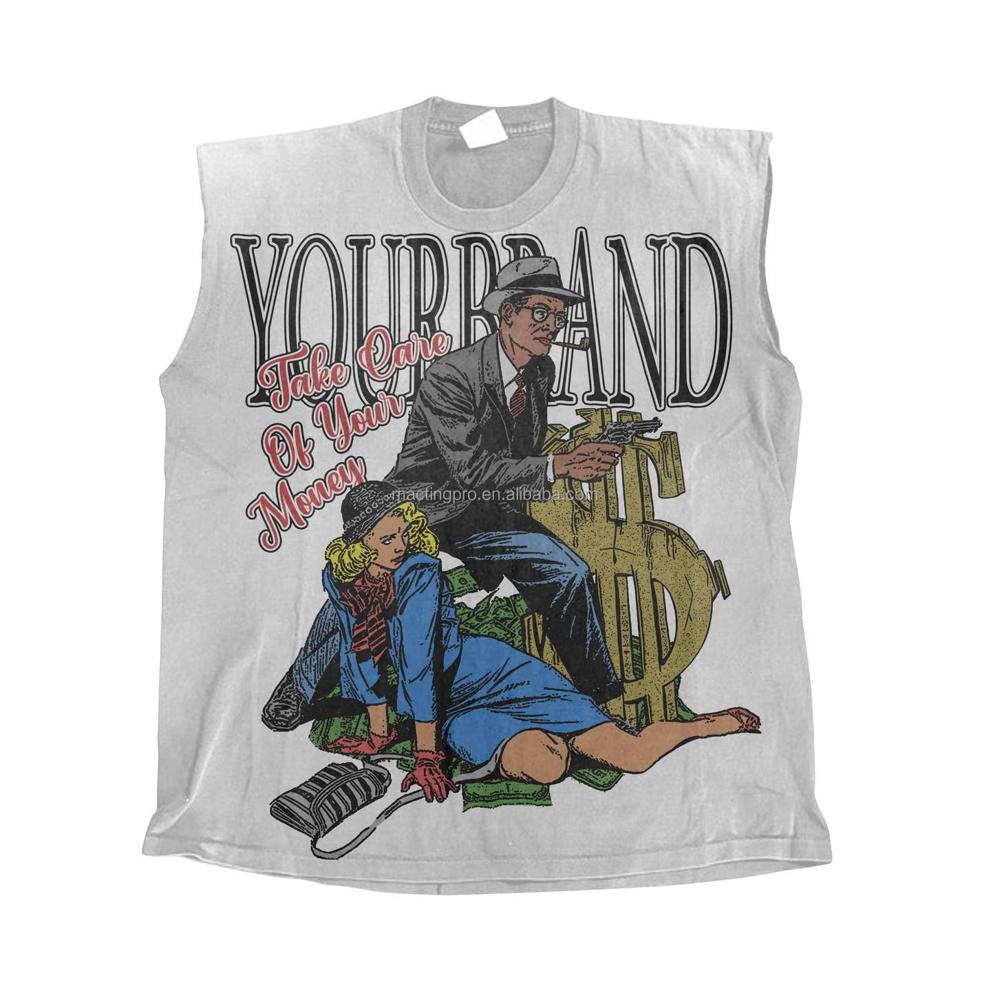 Men's Sleeveless T-Shirt with Custom Logo DTG Print and Vintage Washed Ribbed Design