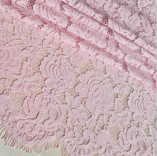 French Eyelash Lace Fabric with cord for Bridal Dress with Ivory / Pink color