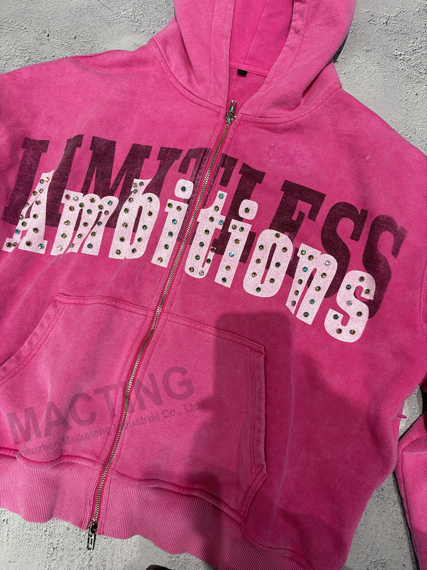 Custom Streetwear Vintage Washed Hoodie with 800 Grams Fabric Weight and Rhinestone