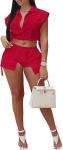 Women′s Sexy Summer Two Piece Outfits Button Down Crop Top Short Sleeve