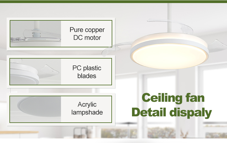 Retractable Blades and Light 42 Inch White Fancy LED Ceiling Fan Metal Acrylic Material 2-