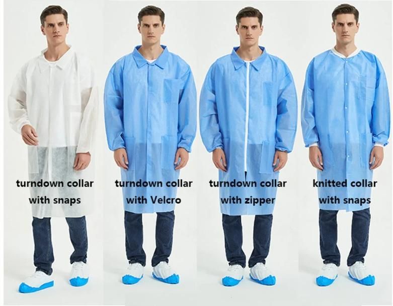 ISO CE Certificated Breathable Waterproof Nonwoven Disposable Non Eo Sterile Medical Lab Coat with Pockets Knitted Collar and Cuffs