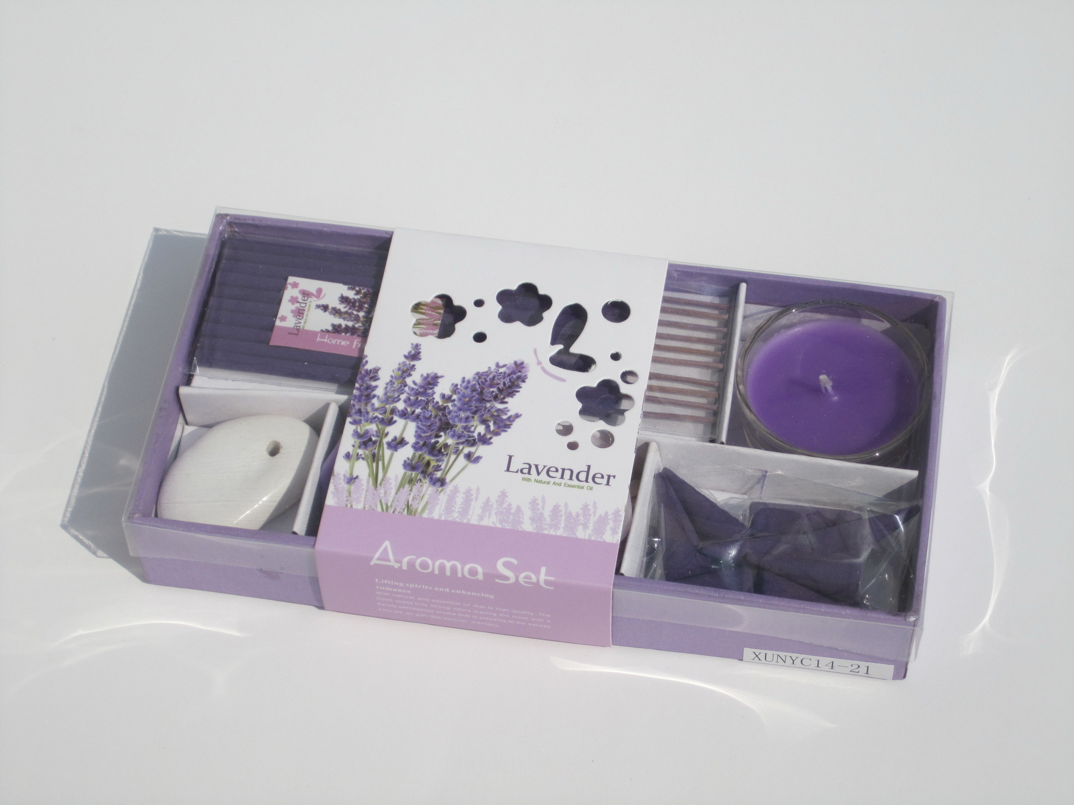 Purple lavender fragrance scented tealight candle SPA gift package,incense with printed label packed into gift box