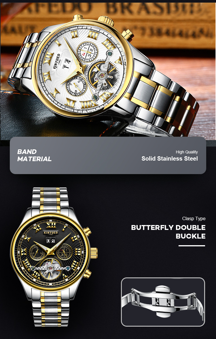 Black dial fashion brand KINYUED watch tourbillon automatic mens watch mechanical